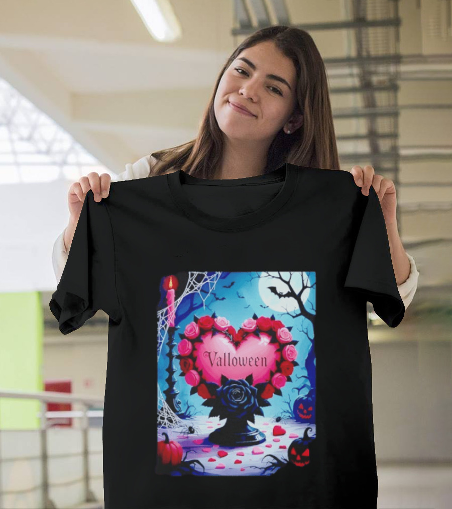 Valloween Romance and Menace Heart Rose Candle Moonlit Halloween T-Shirt
