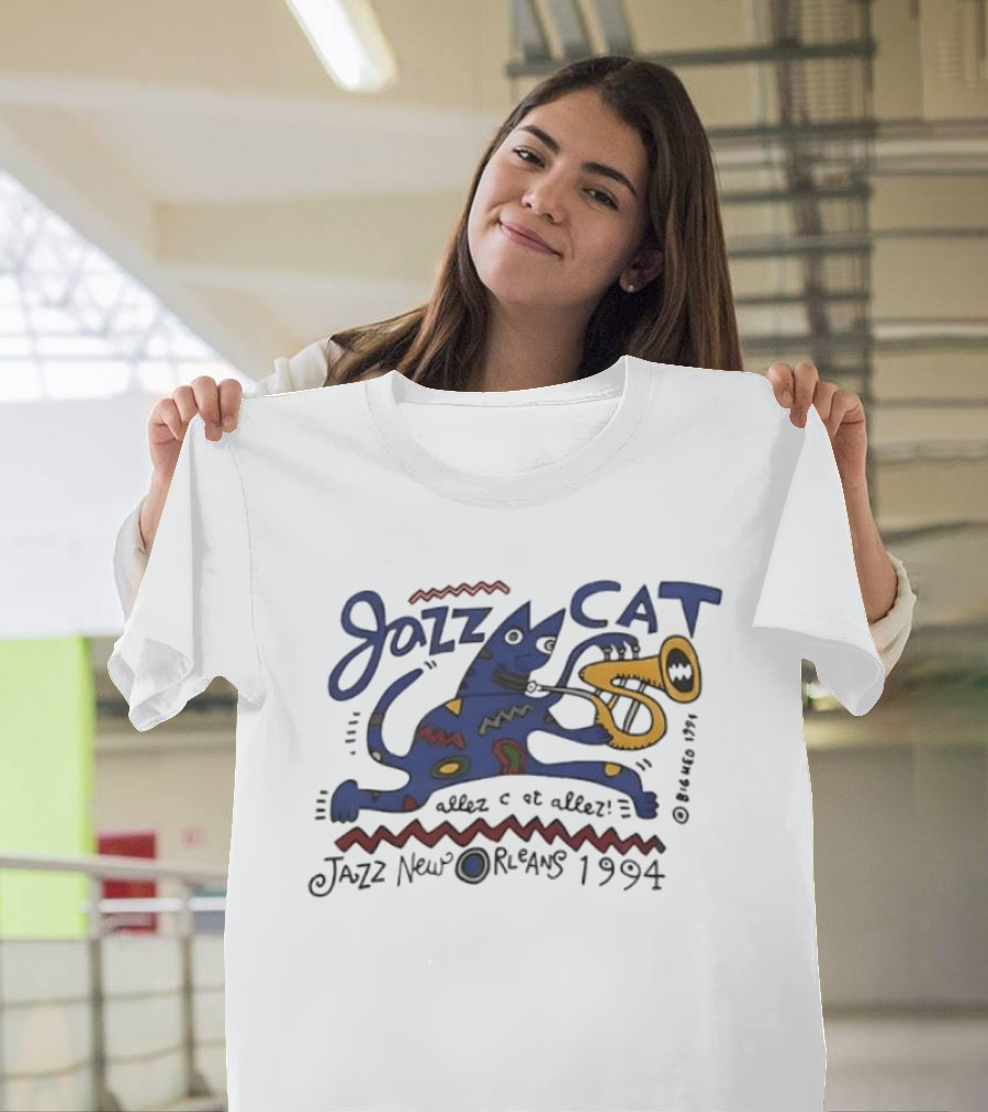 Jazz Cat New Orleans 1994 Cartoon Cat Playing Saxophone T-Shirt
