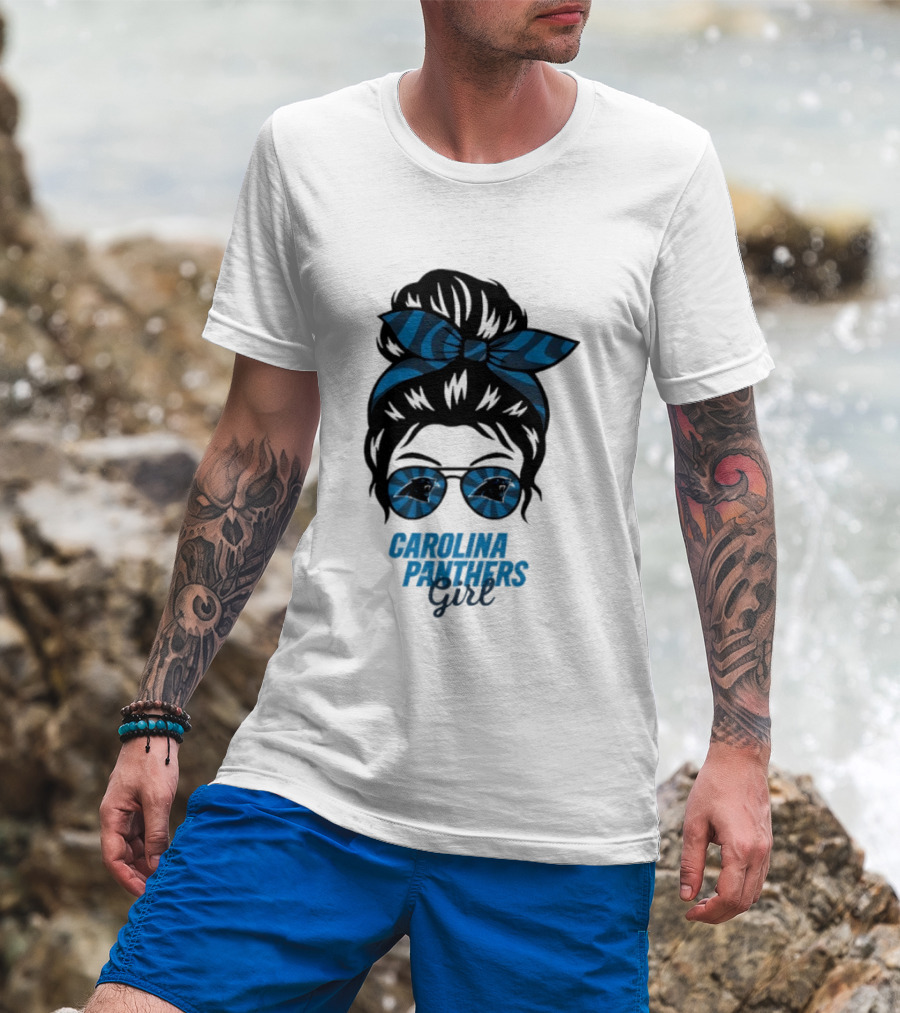 Carolina Panthers Girl Messy Bun Glasses Blue Bow Fan T-Shirt