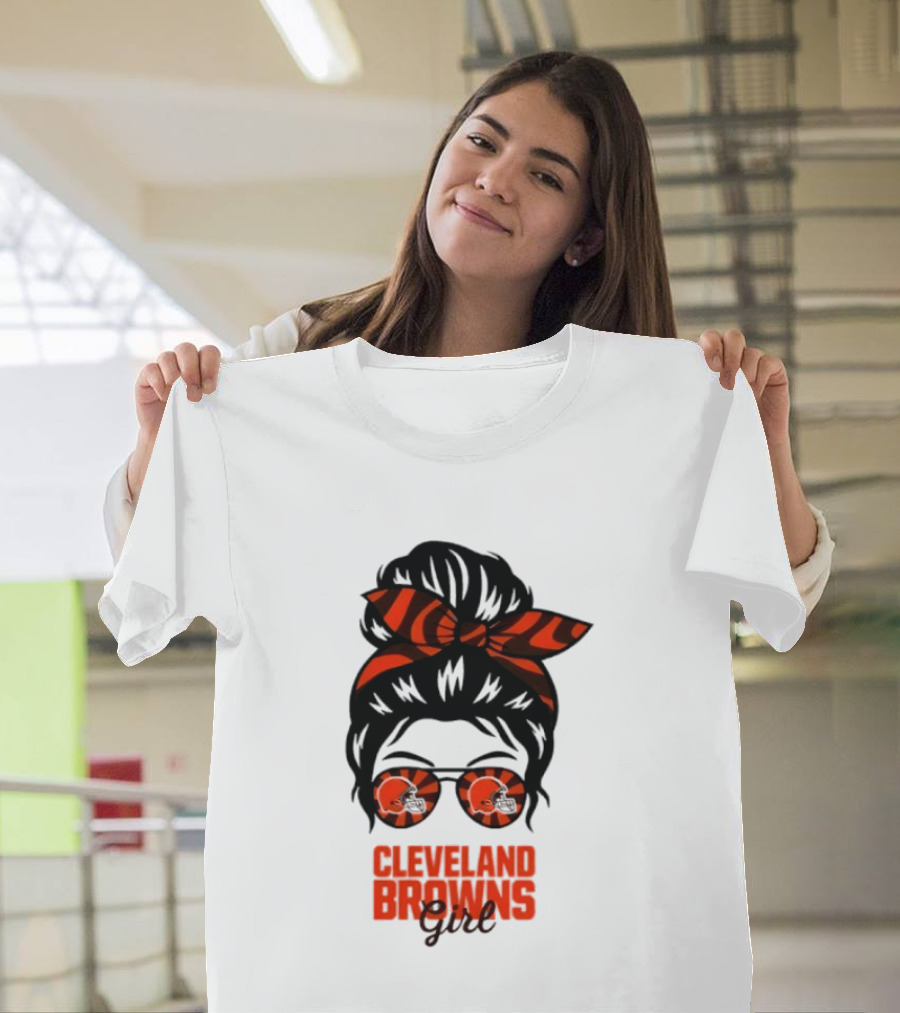 Cleveland Browns Fan Messy Bun Sunglasses T-Shirt