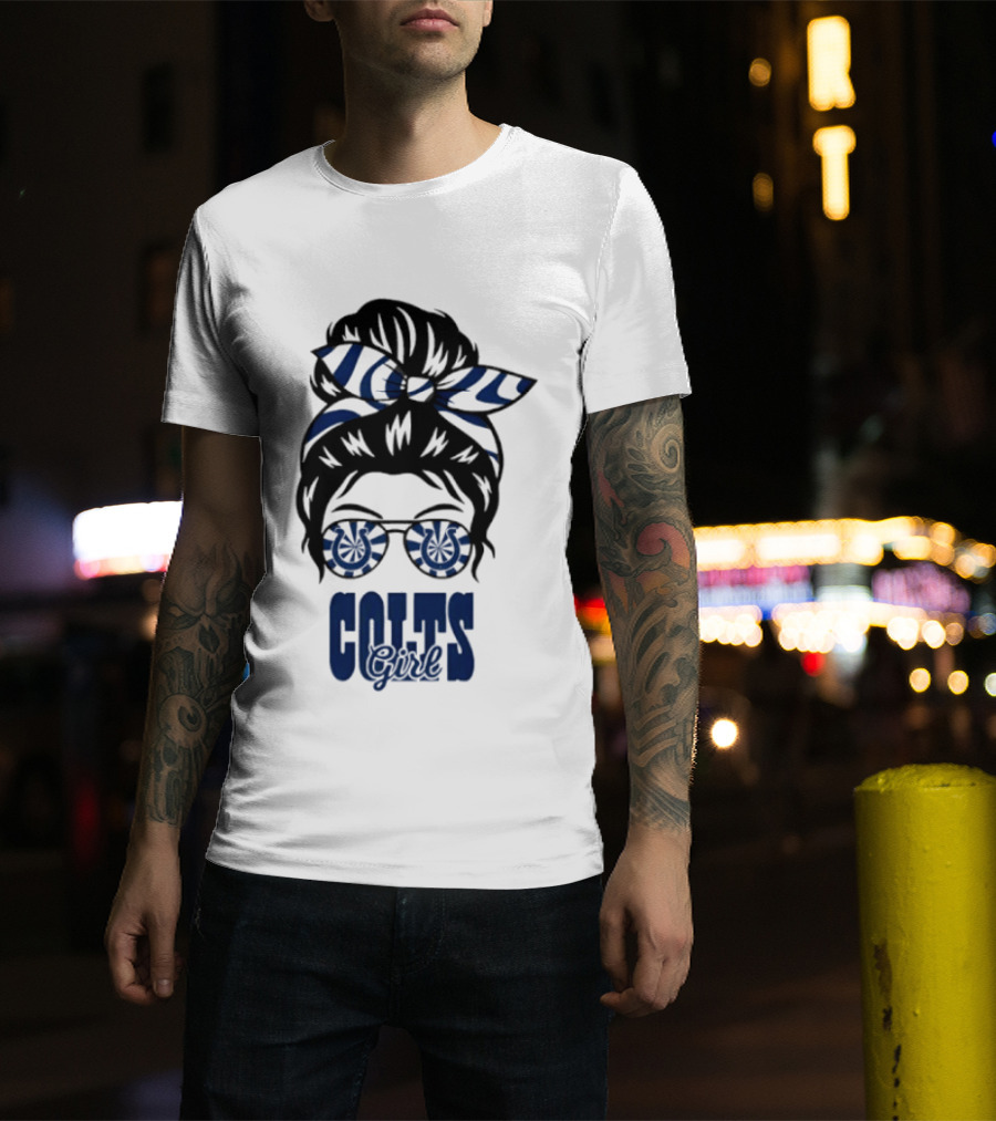 Indianapolis Colts Fan Messy Bun Glasses T-Shirt