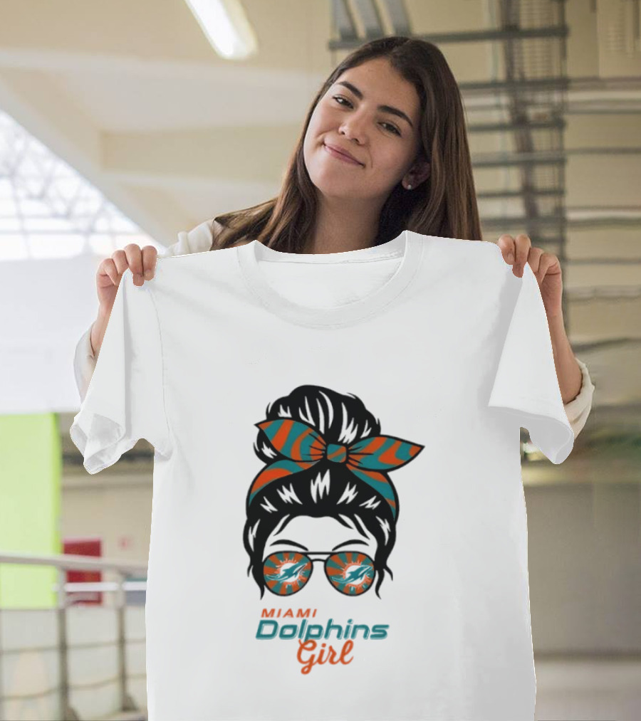 Miami Dolphins Girl Messy Bun Glasses Bow Fan Merchandise T-Shirt