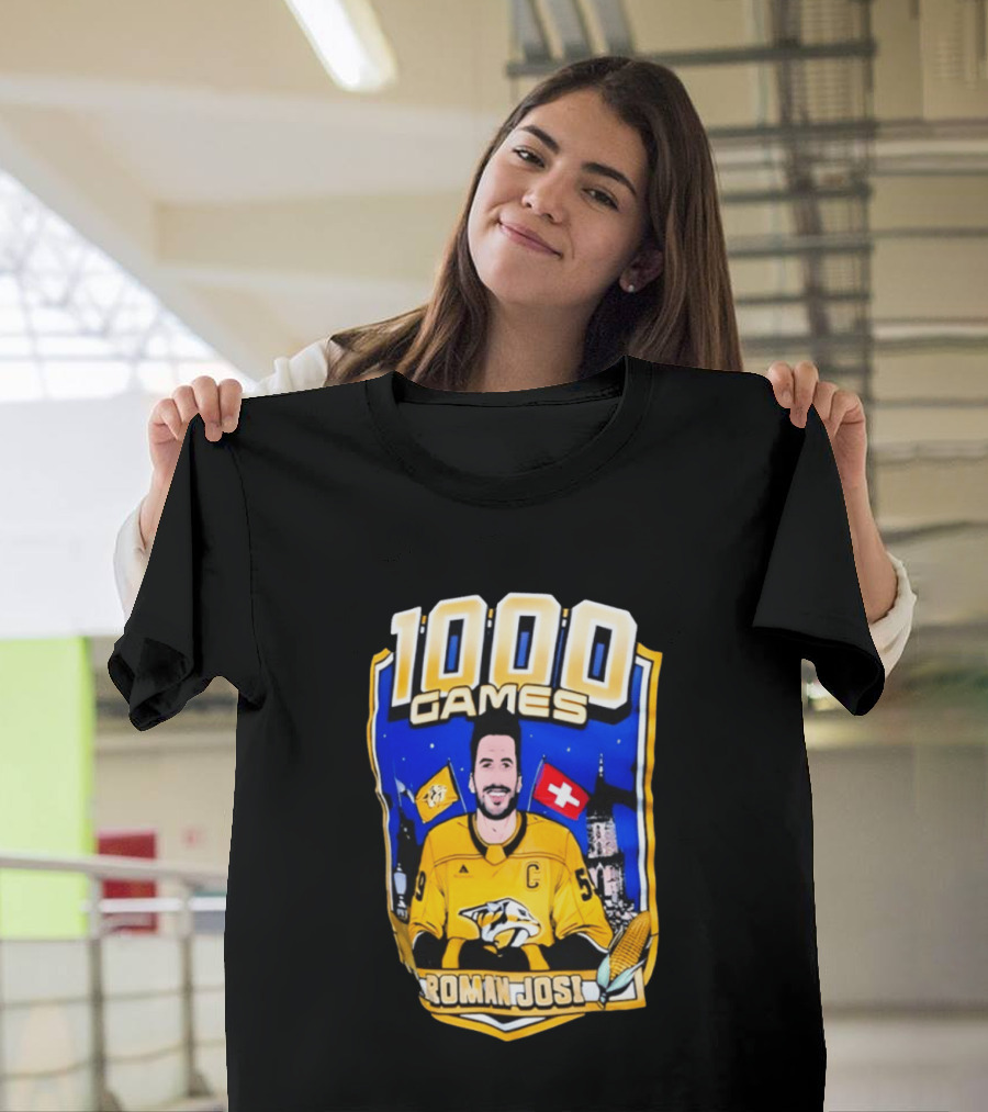 Nashville Predators Roman Josi 1000 Games Celebration NHL Captain Swiss Flag T-Shirt