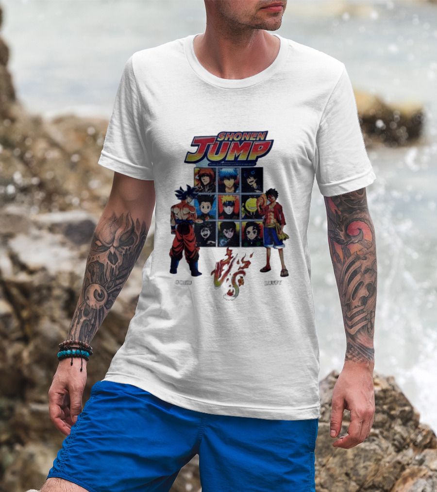 Shonen Jump Goku Luffy Anime Crossover Naruto One Piece Classic Manga Characters T-Shirt