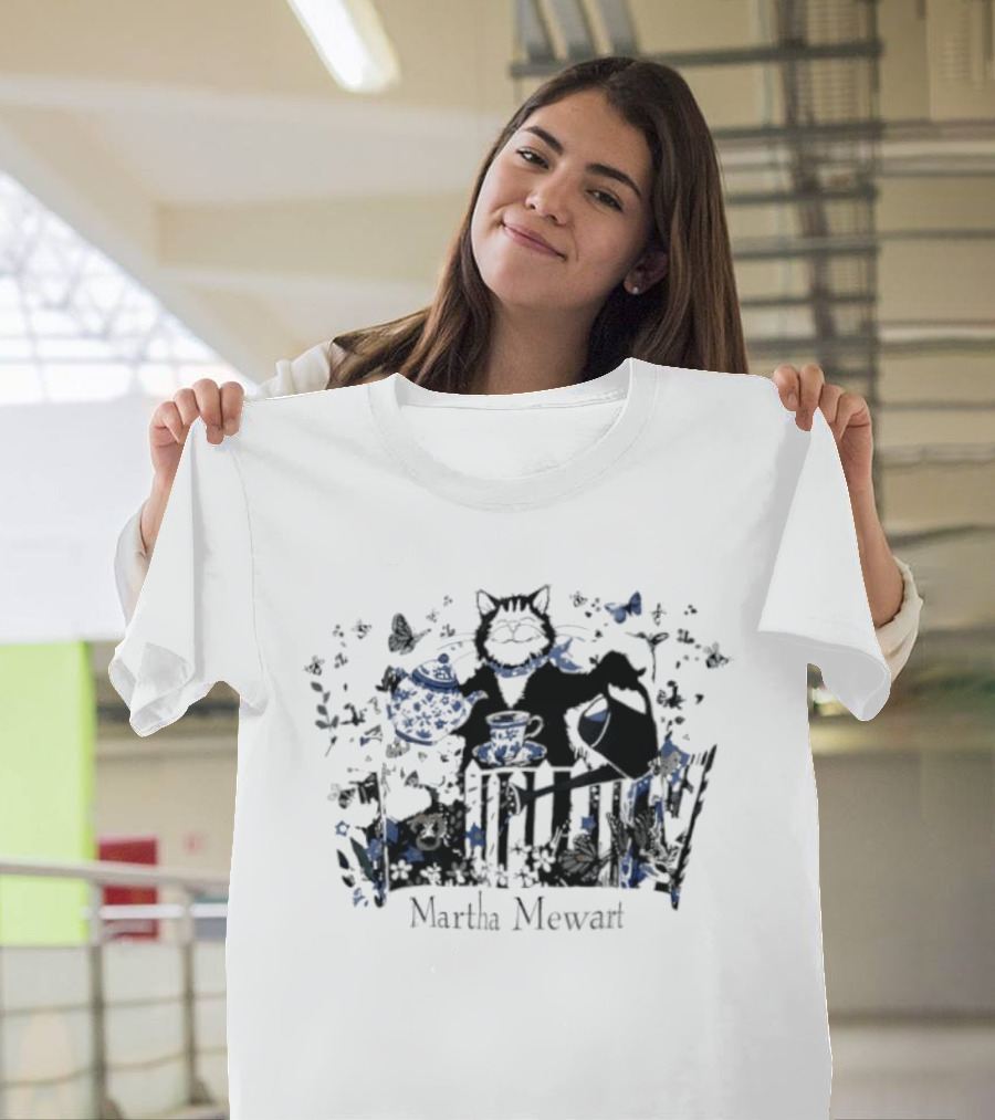 Martha Mewart Cat Gardening Teapot Watering Can Butterfly Flowers T-Shirt