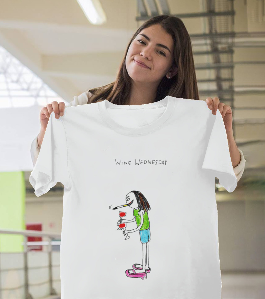 Wine Wednesday Girl Smoking Paint Vibrant Cartoon Character with Wine Glasses T-Shirt