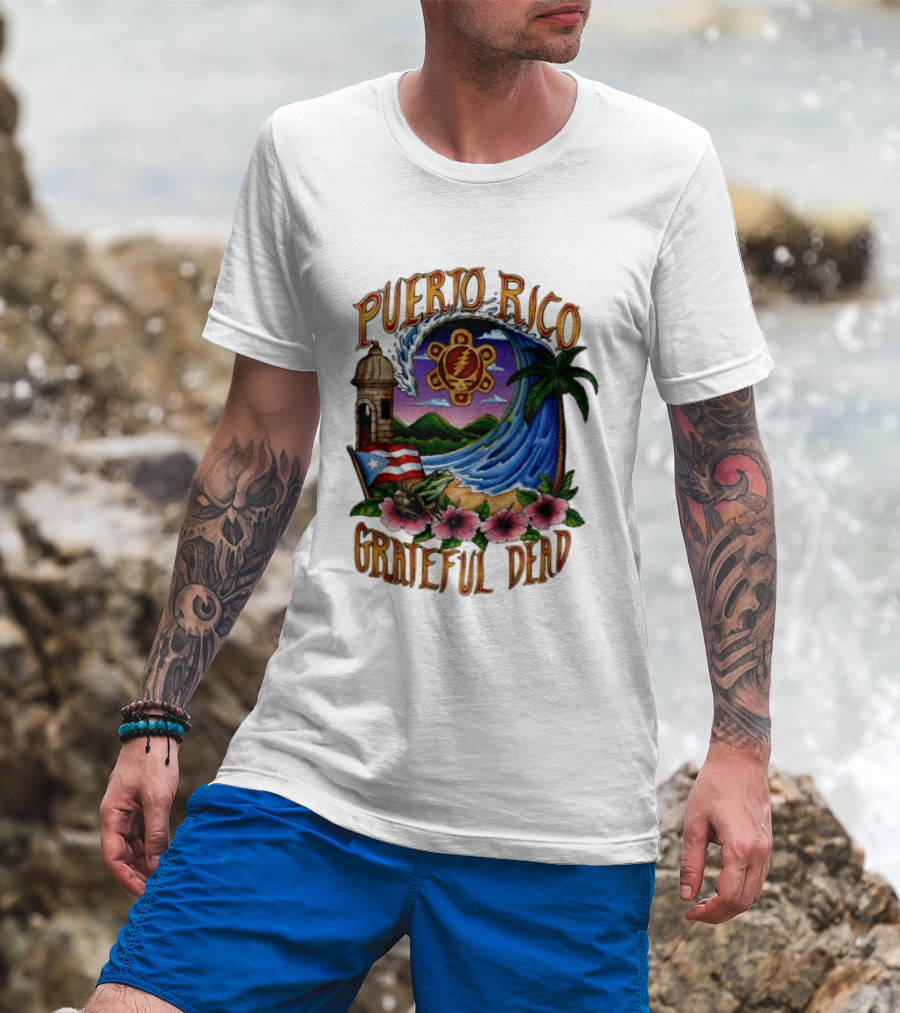 Puerto Rico Grateful Dead Tropical Wave With Hibiscus And Flag T-Shirt