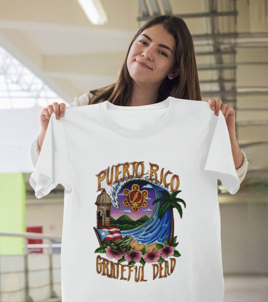 Puerto Rico Grateful Dead Tropical Wave With Hibiscus And Flag T-Shirt