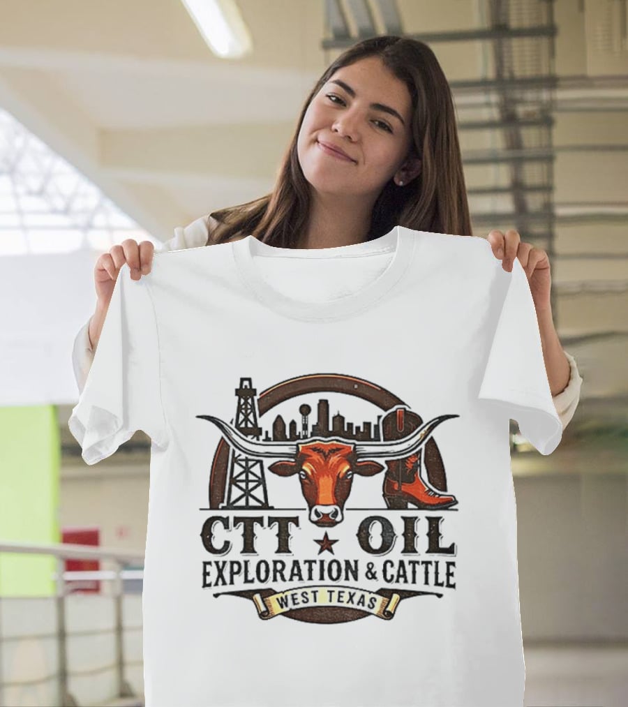 West Texas Longhorns CTT Oil Exploration And Cattle Skyline And Boot T-Shirt