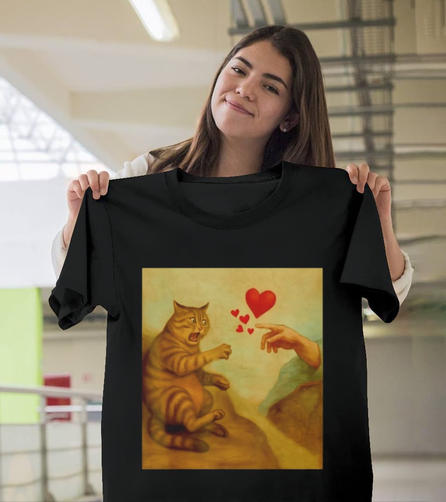 Cat Swatting God's Hand Surrounded By Hearts T-Shirt