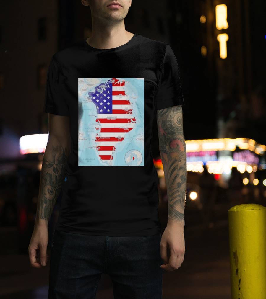USA Flag Over Greenland Map American Patriot T-Shirt