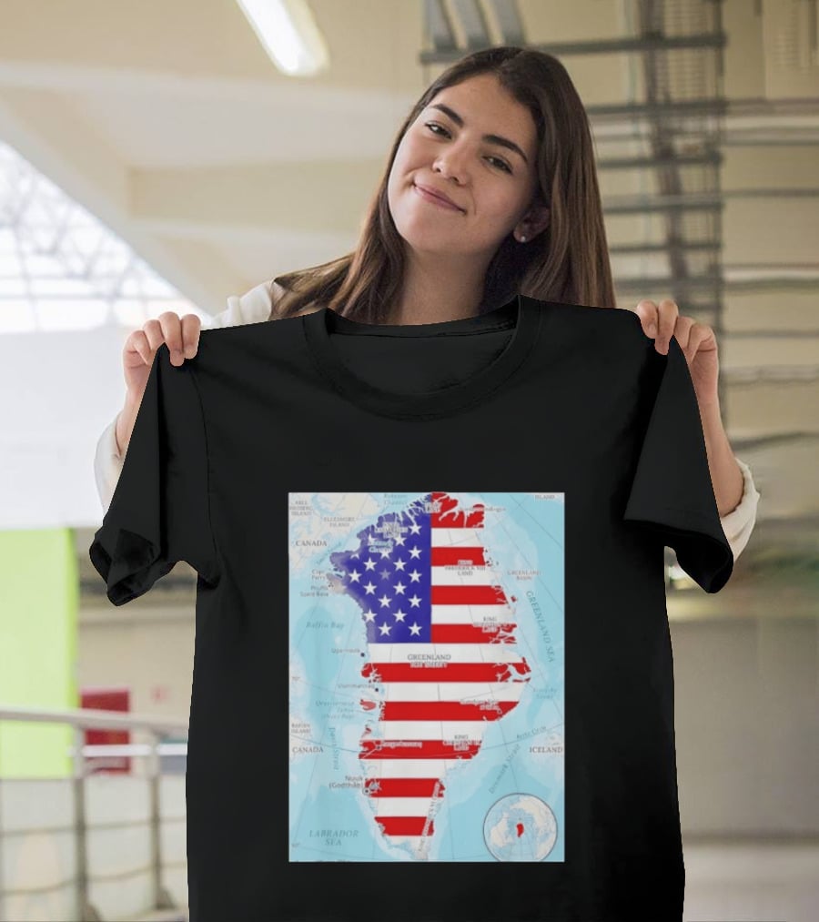USA Flag Over Greenland Map American Patriot T-Shirt