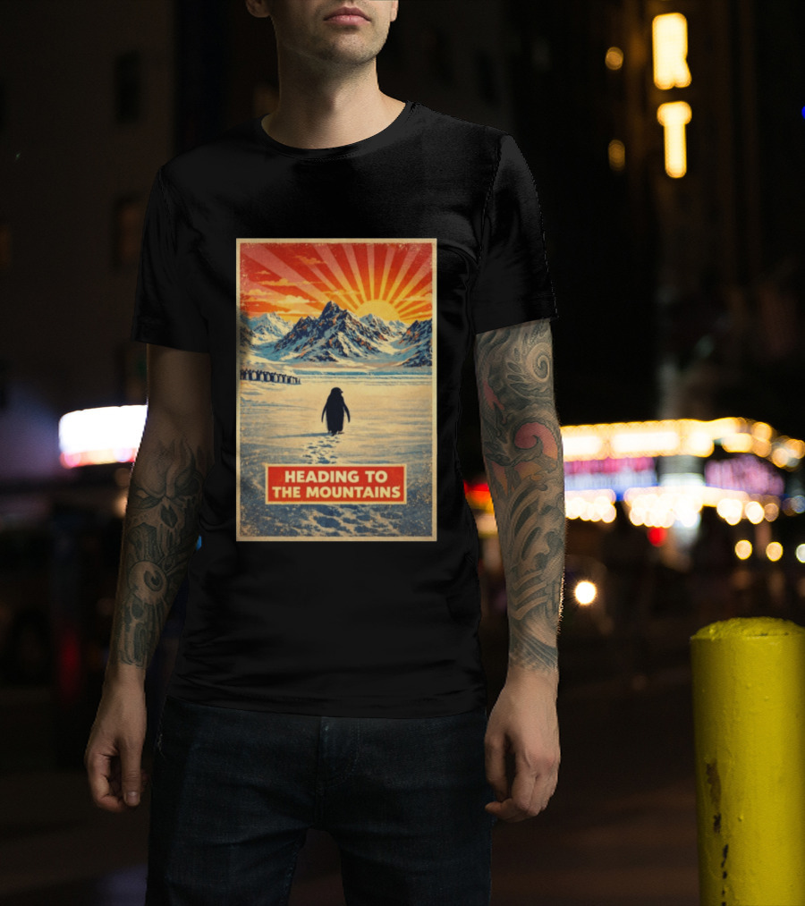 Penguin Journey Heading To The Mountains Sunrise T-Shirt