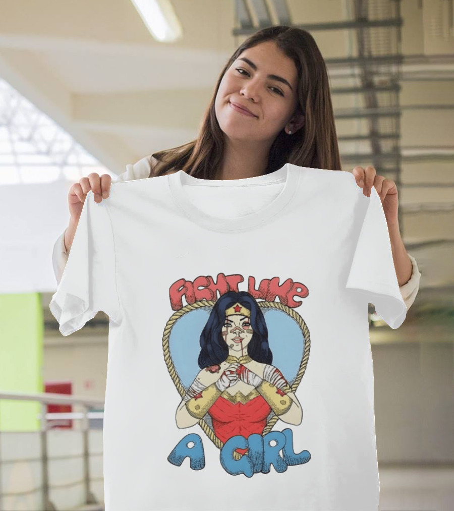 Wonder Woman Fight Like A Girl Cartoon Heart Rope Border T-Shirt