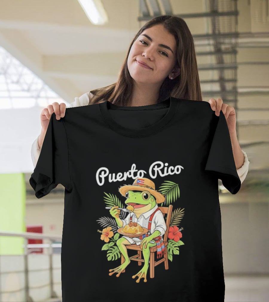 Puerto Rico Coqui Frog Eating Mofongo Taino Boricua Flag Hispanic T-Shirt
