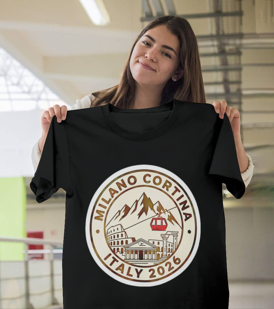 Milano Cortina Italy 2026 Winter Sports Emblem With Italian Landmarks And Mountains T-Shirt