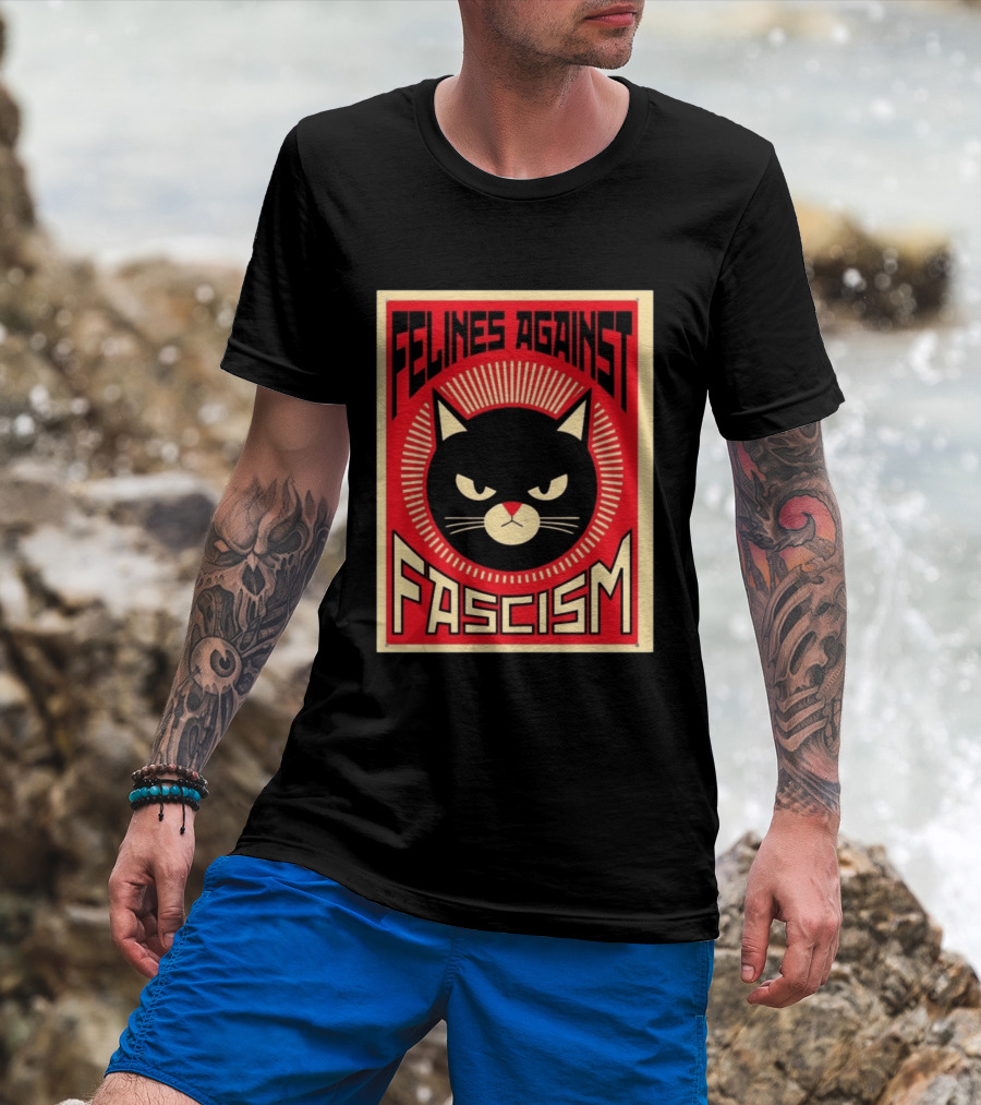Felines Against Fascism Black Cat Political Satire Lorenzo T-Shirt