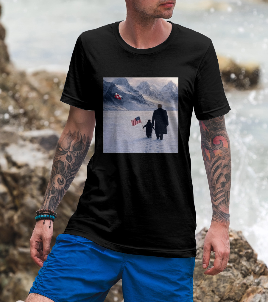 Nihilist Penguin Walking With Trump Antarctica American Flag Greenland Flag T-Shirt