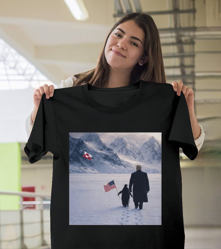 Nihilist Penguin Walking With Trump Antarctica American Flag Greenland Flag T-Shirt