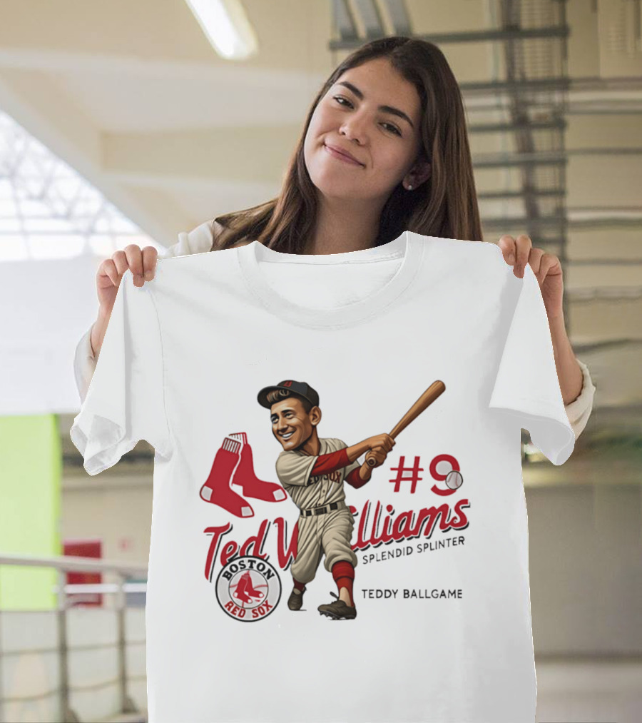 Ted Williams Boston Red Sox Splendid Splinter #9 Teddy Ballgame Caricature T-Shirt
