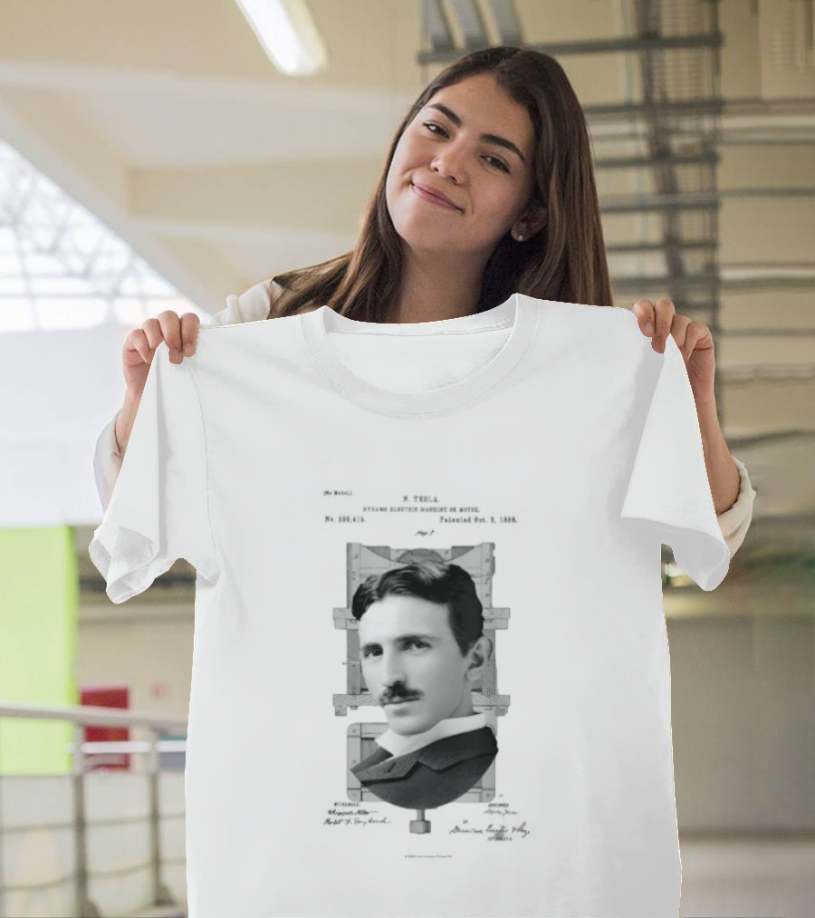 Nikola Tesla Portrait Over Electrical Apparatus Patent Design Image T-Shirt