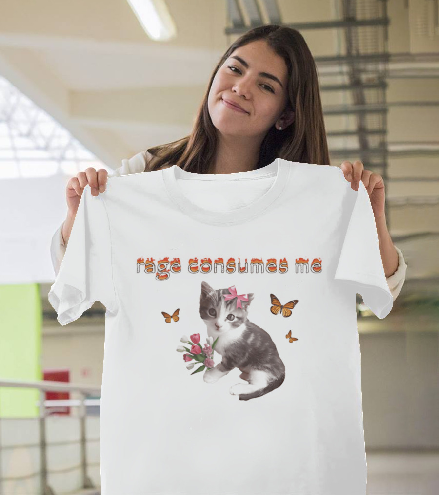 Rage Consumes Me Cat Cute Kitten With Bow Flowers Butterflies T-Shirt