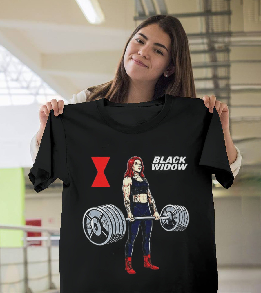 Black Widow Weightlifting Gym Workout Red Hourglass T-Shirt
