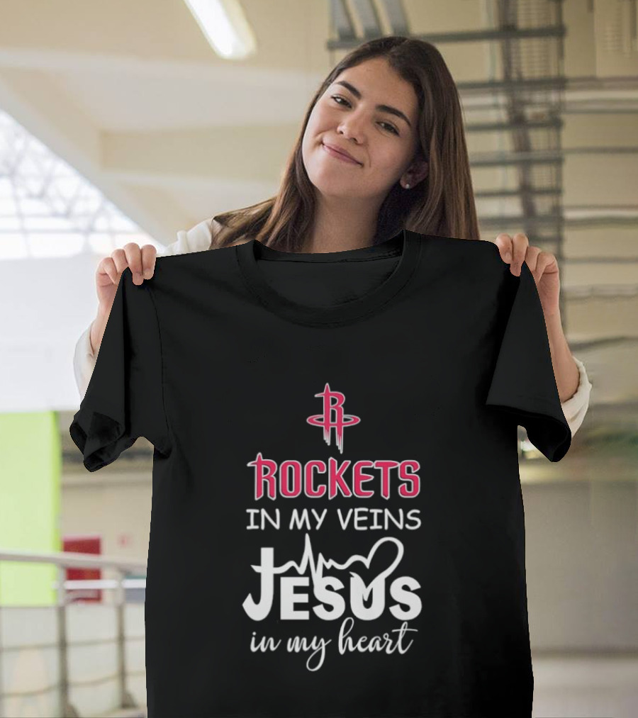 Rockets In My Veins Jesus In My Heart Houston Rockets Basketball Faith T-Shirt