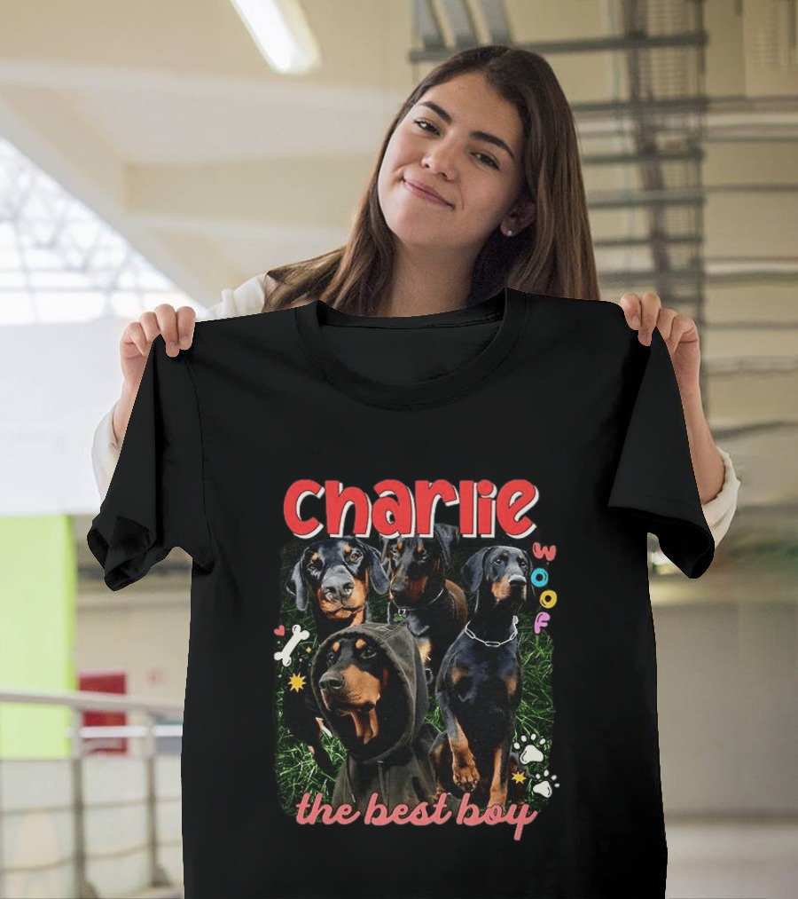 Charlie Woof The Best Boy Dog Paw Prints And Bones T-Shirt