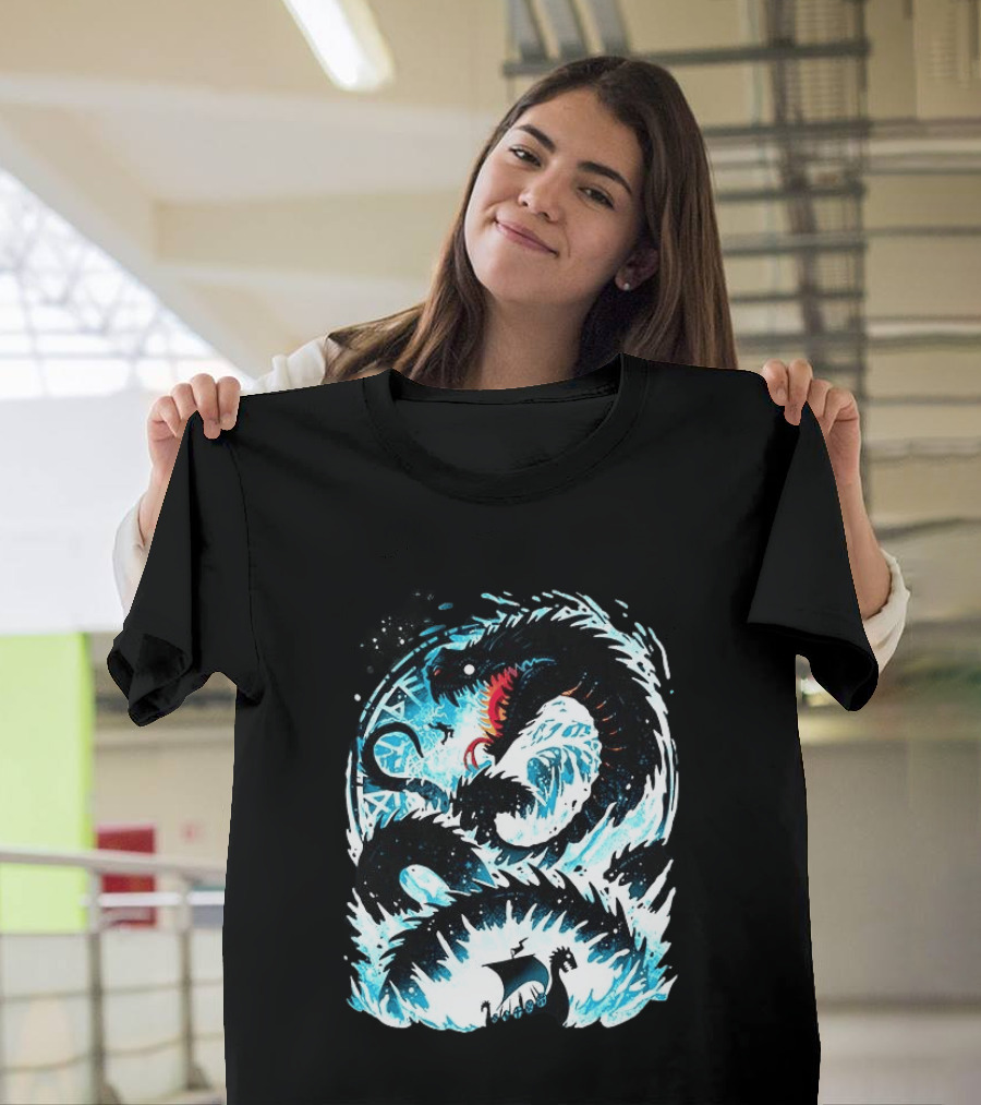Jörmungandr World Serpent Norse Mythology Viking Ship Ocean Waves T-Shirt