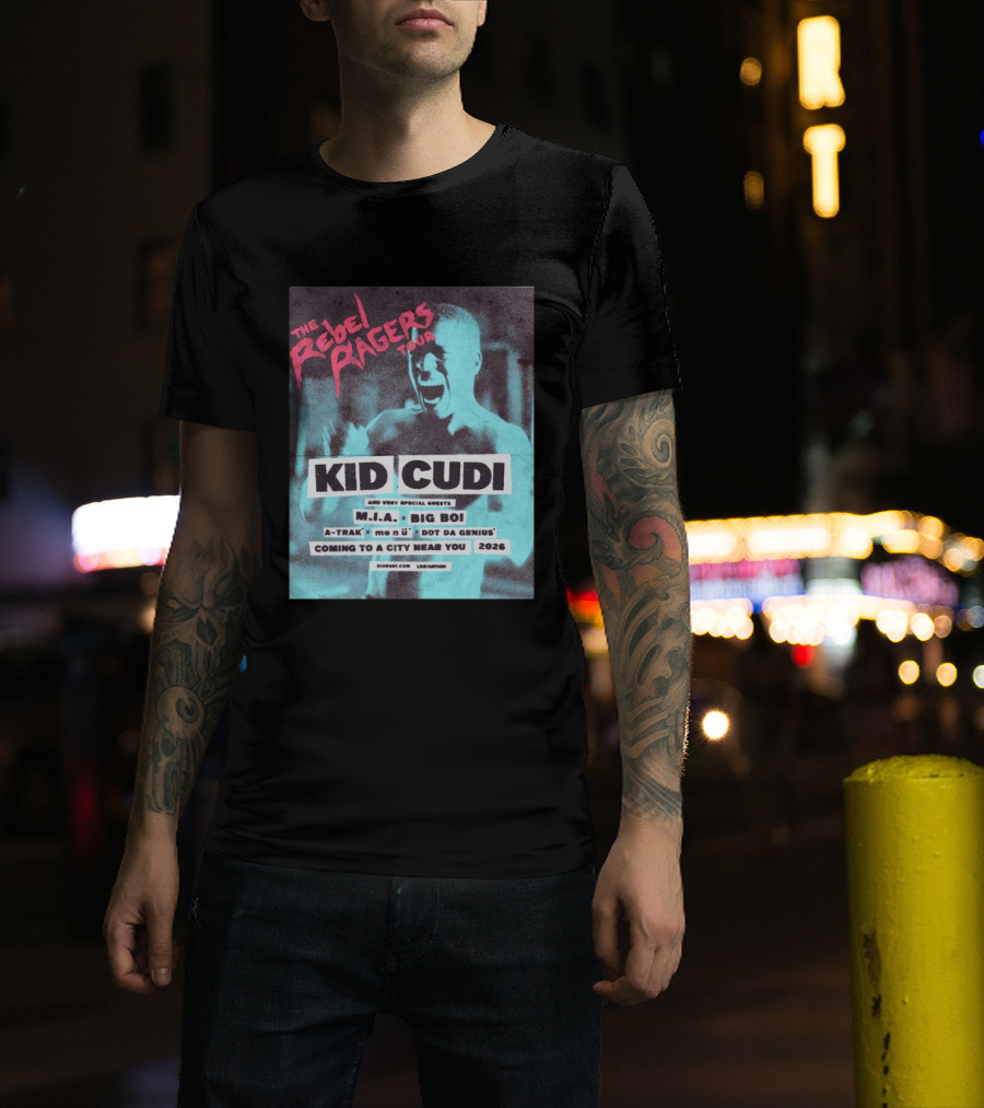 Kid Cudi The Rebel Ragers Tour 2026 Featuring M.I.A. Big Boi A Trak And Dot Da Genius T-Shirt