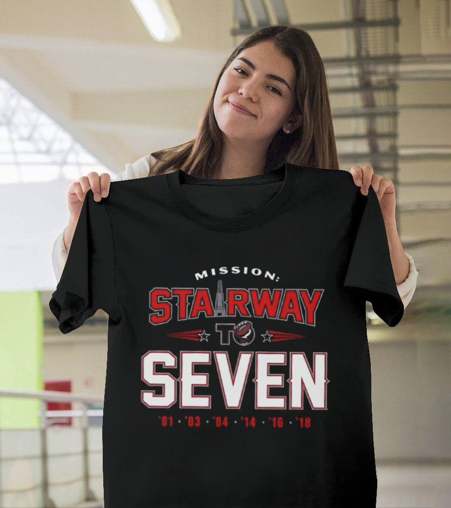 New England Patriots Mission Stairway to Seven Championship Years 2001 2003 2004 2014 2016 2018 T-Shirt