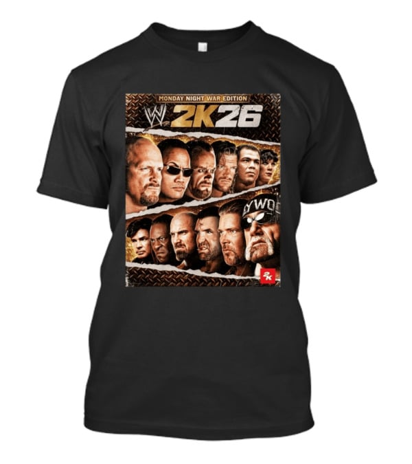 WWE 2K26 Monday Night War Edition Stone Cold Steve Austin Hollywood Hogan The Rock Shawn Michaels Triple H Cover T-Shirt