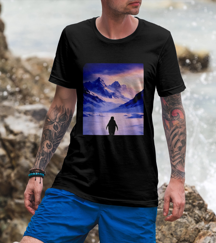 Nihilist Penguin Silhouette In Mountainous Ice Landscape T-Shirt