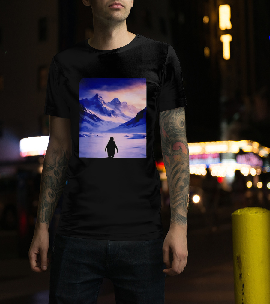 Nihilist Penguin Silhouette In Mountainous Ice Landscape T-Shirt