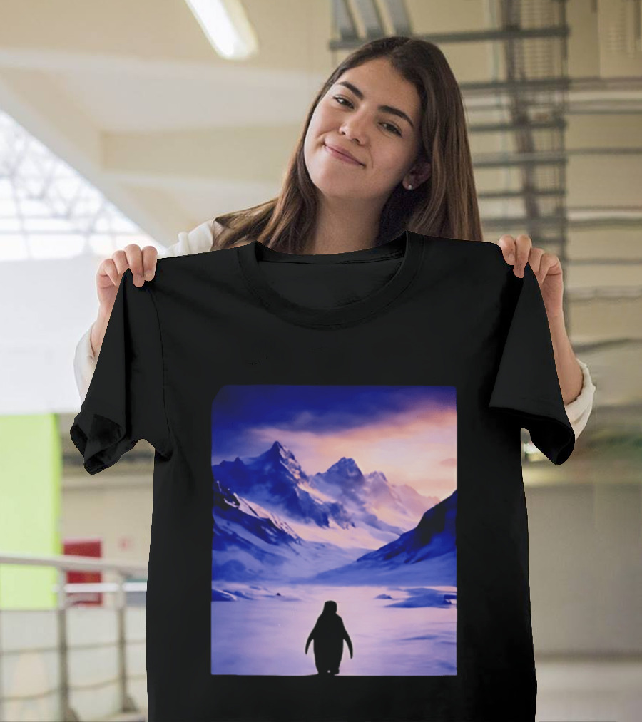 Nihilist Penguin Silhouette In Mountainous Ice Landscape T-Shirt