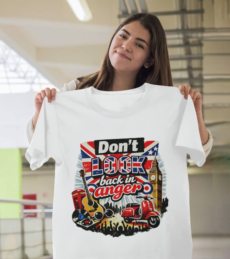 Don't Look Back In Anger UK Flag Vespa Guitar Big Ben Music T-Shirt