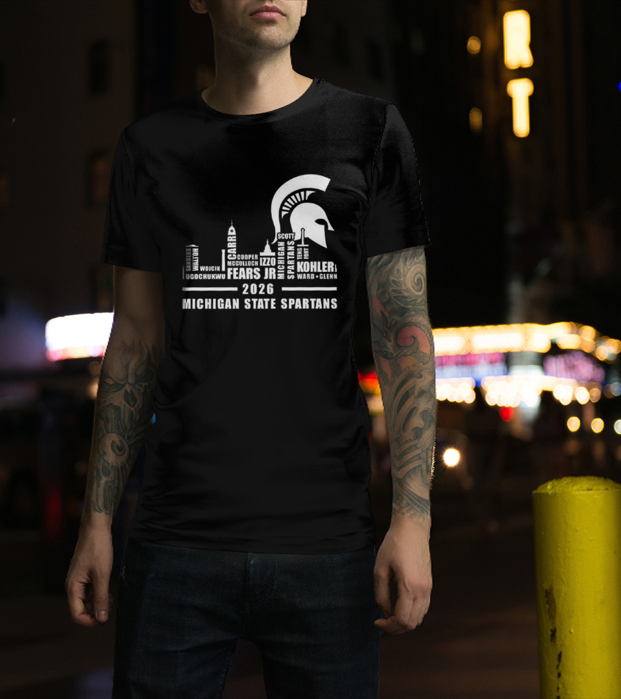 Michigan State Spartans 2026 City Skyline Buildings And Helmet T-Shirt