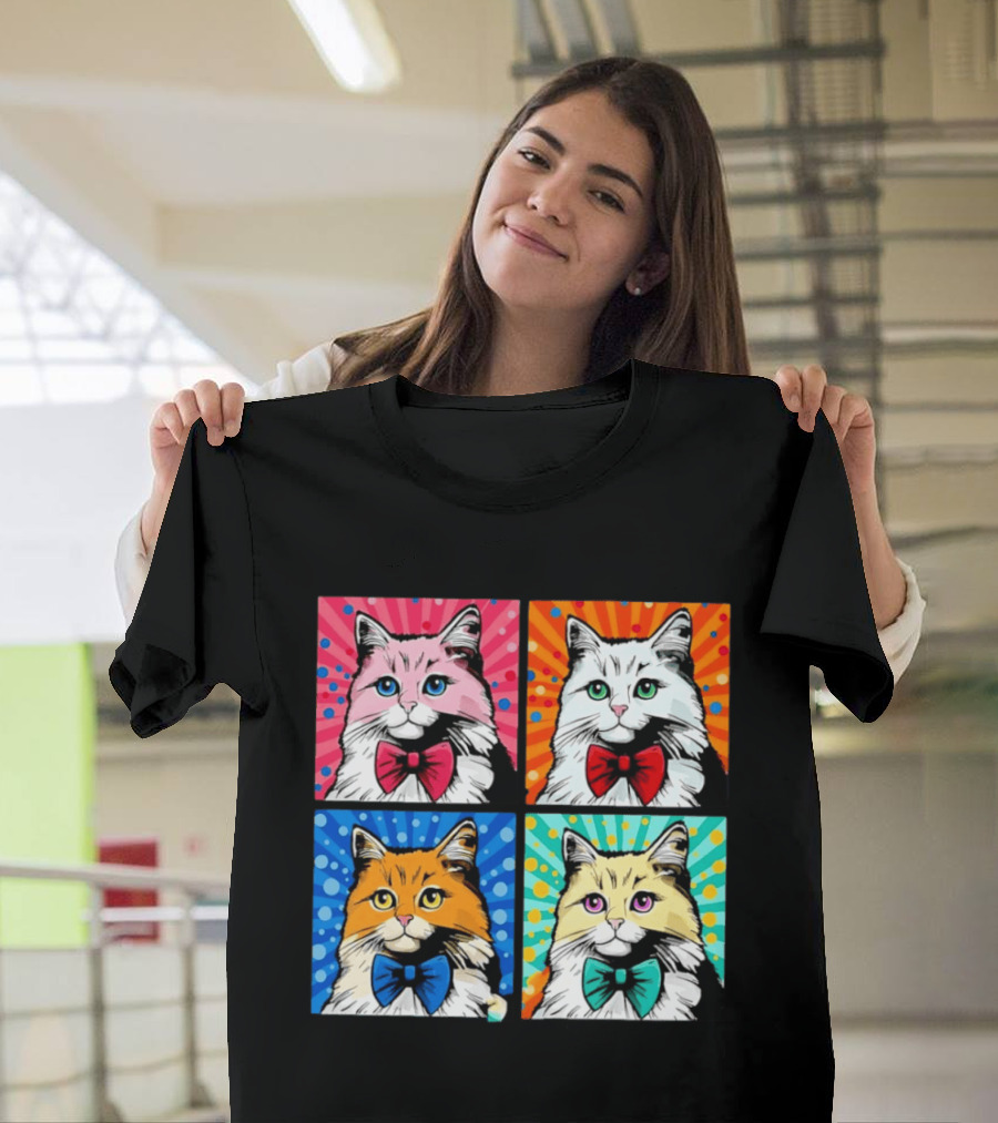 Pop Art Pop Four Panel Colorful Cats Wearing Bowties Kilkennycat T-Shirt