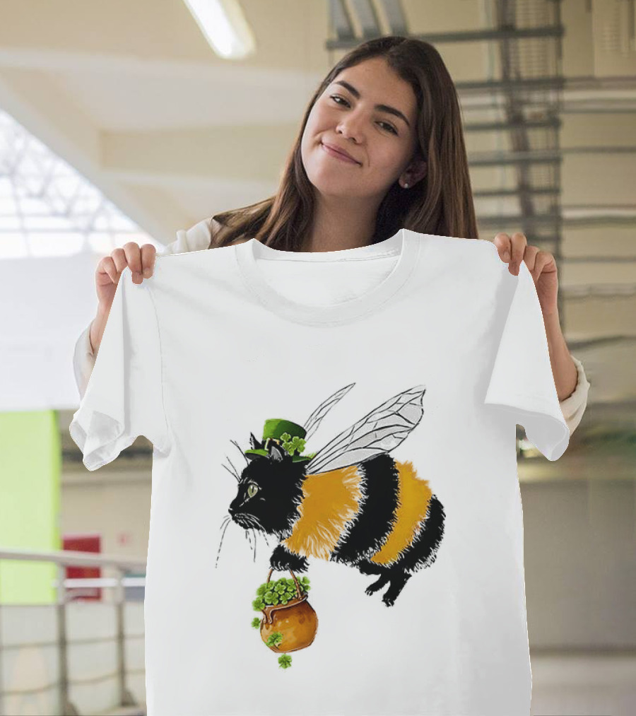 Catbee Lucky Buzz Cat With Clover And Leprechaun Hat T-Shirt