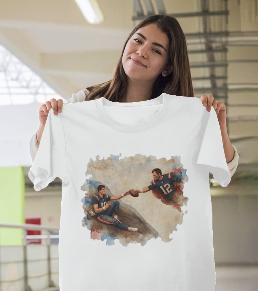 New England Football Brady Number 12 And Maye Number 10 Handing Football Painting T-Shirt