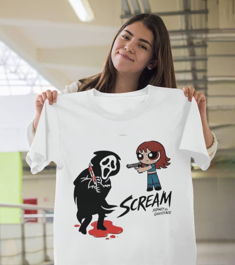 Scream Sidney Vs. Ghostface Cartoon Style Showdown With Knife And Splatter T-Shirt