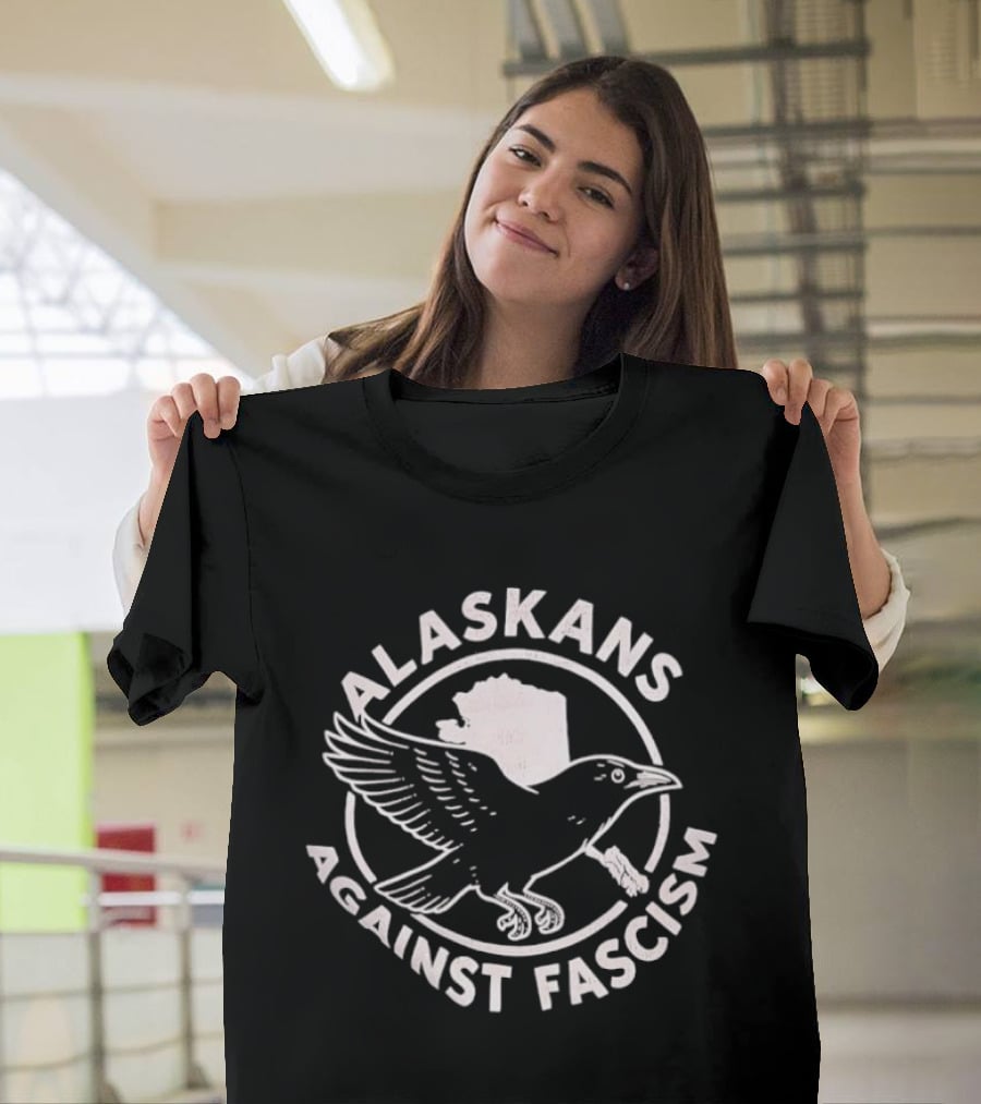 Alaskans Against Fascism Raven Activism Symbol With Alaska Map T-Shirt