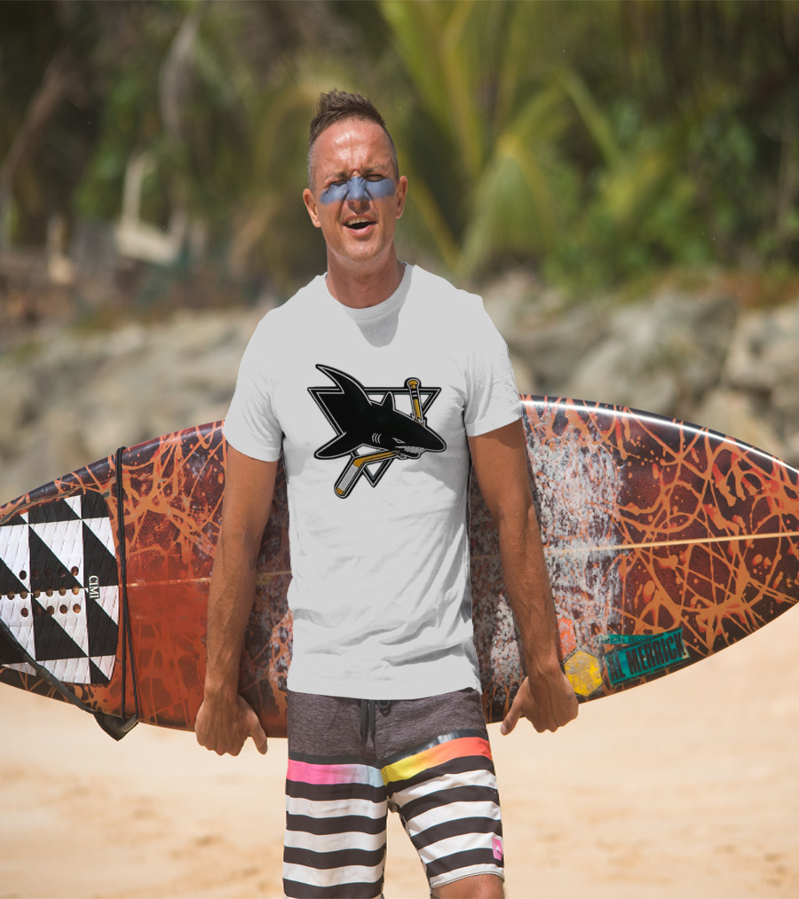 San Jose Sharks Biting Hockey Stick Triangle Sports T-Shirt