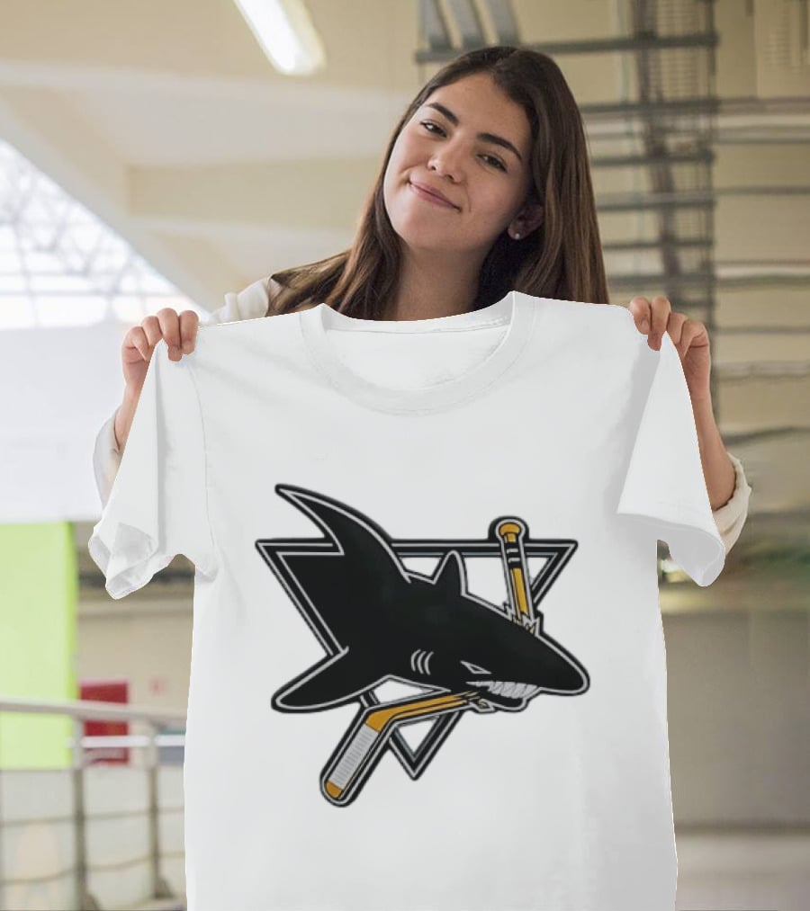 San Jose Sharks Biting Hockey Stick Triangle Sports T-Shirt