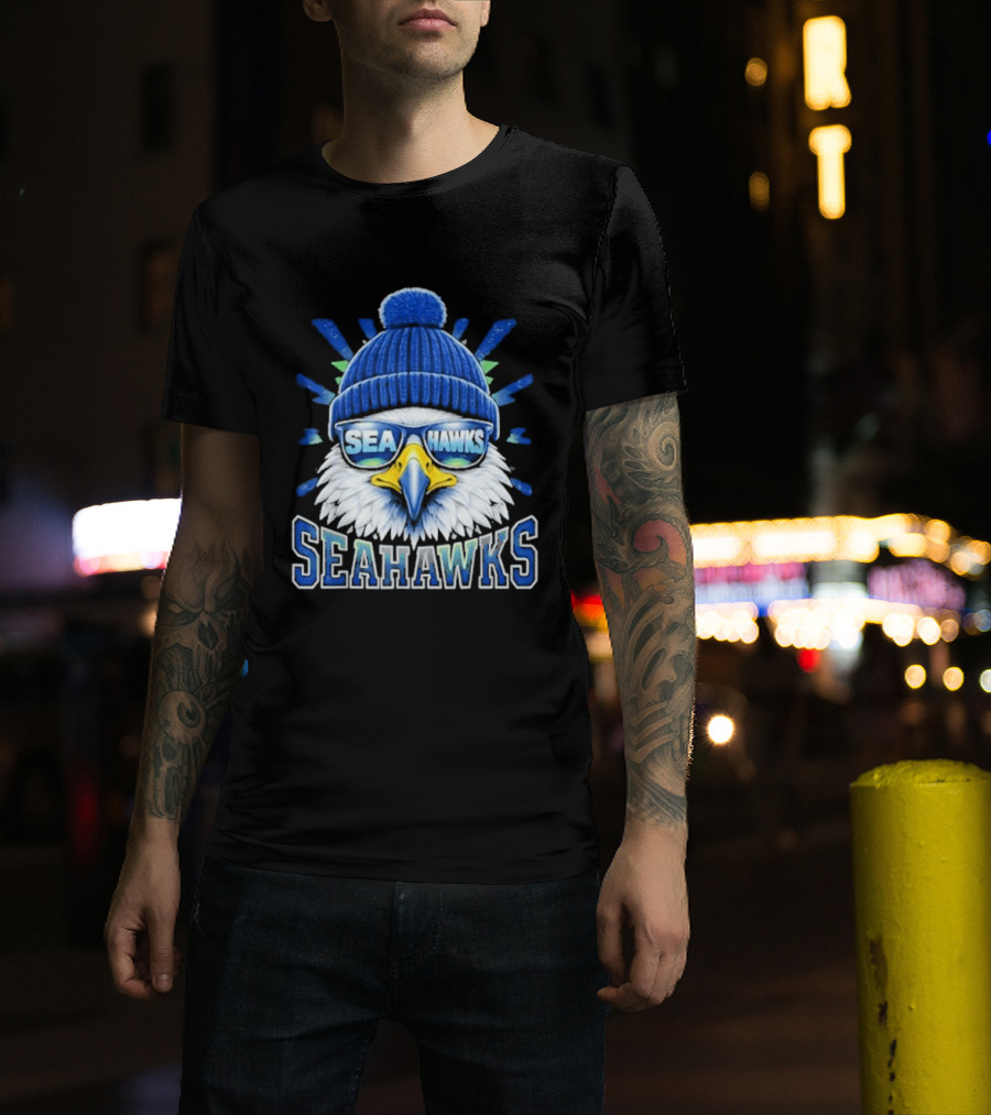 Seahawks Eagle Face With Sunglasses And Winter Hat T-Shirt