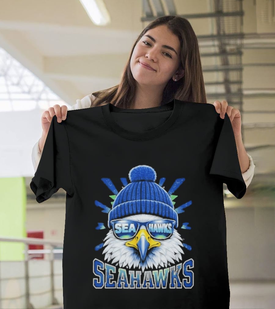 Seahawks Eagle Face With Sunglasses And Winter Hat T-Shirt