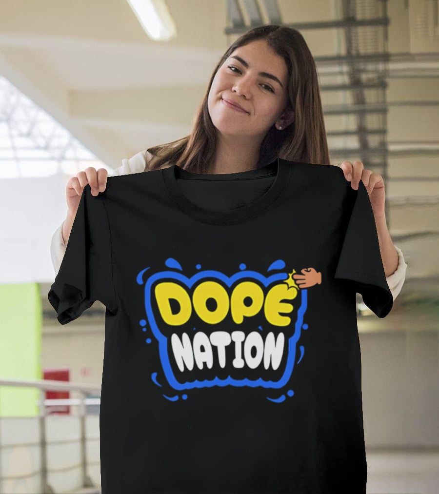 Dope Nation Bubble Letters With Yellow Hand And Blue T-Shirt