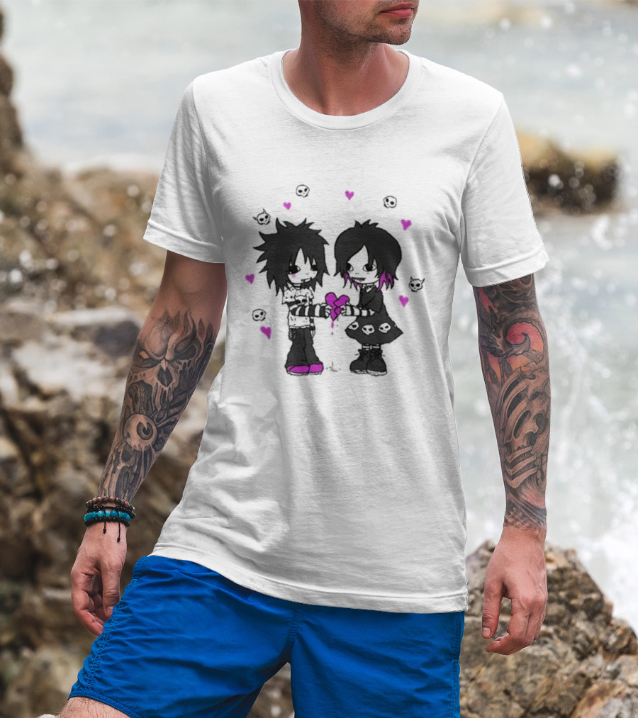 Goodie Two Sleeves Zombie Love Emo Couple Heart Skulls Pink Black T-Shirt