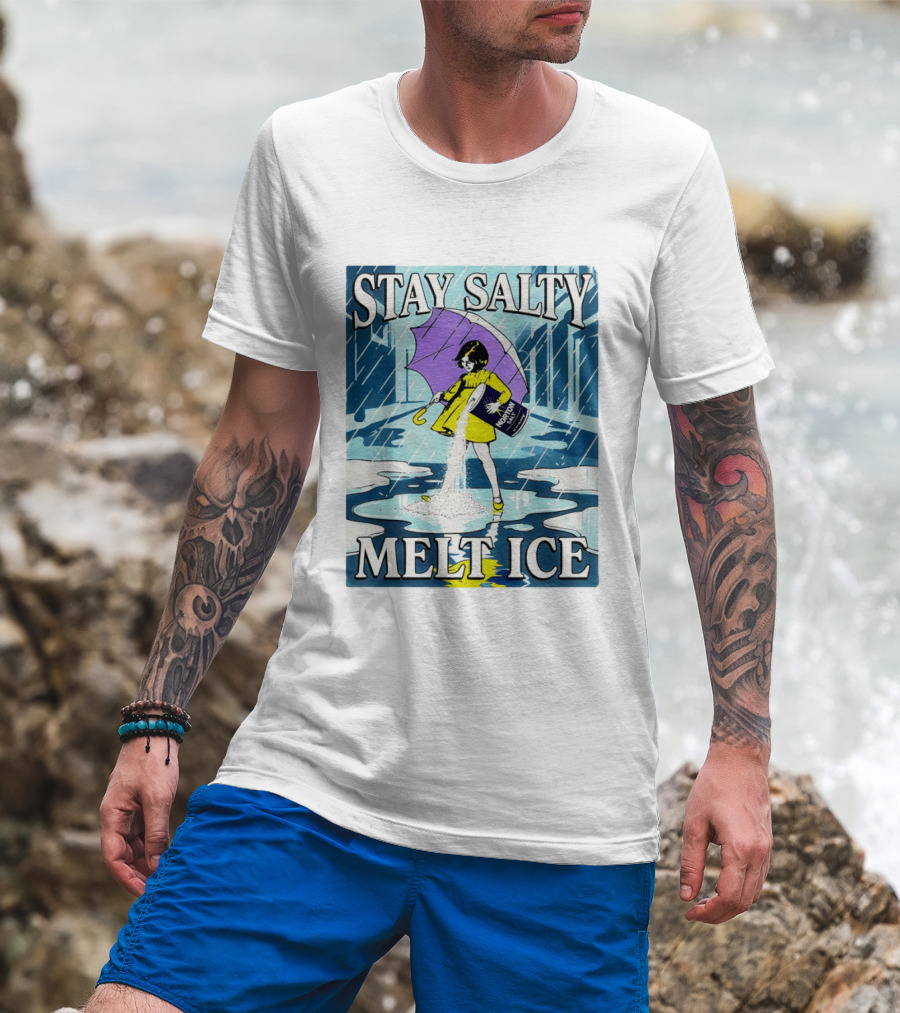 Morton Salt Stay Salty Melt ICE Umbrella Girl Retro Rain Scene T-Shirt